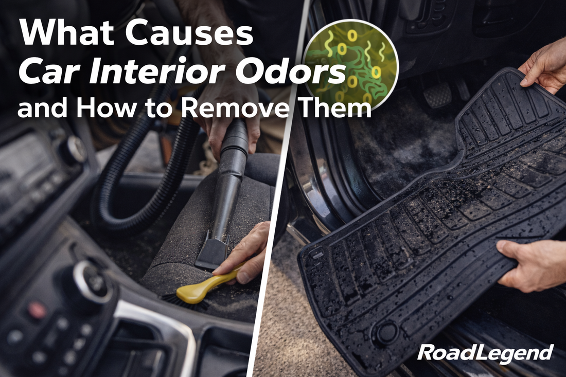 Thumbnail showing split visuals of car interior odor causes and solutions, with one side vacuuming fabric seats and the other removing a wet rubber floor mat, illustrating how to identify and remove car interior odors