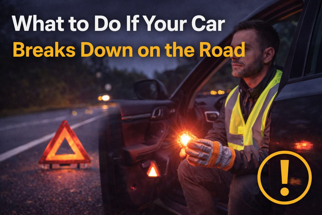 Thumbnail showing a driver wearing a reflective safety vest holding an LED warning light beside a broken-down car on the roadside at night, illustrating essential roadside safety steps