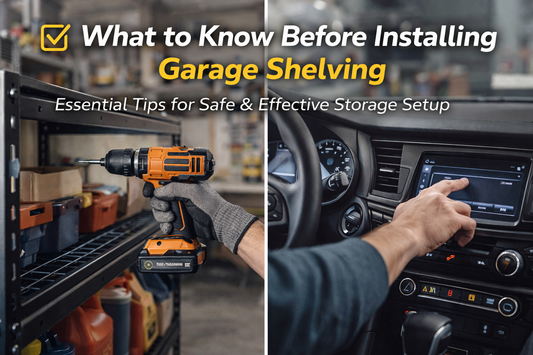 Thumbnail showing a person installing metal garage shelving with a power drill, highlighting essential tips for safe and effective garage storage setup