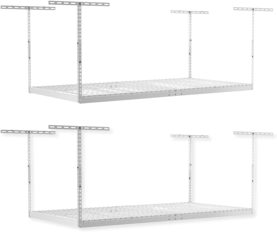 SafeRacks Overhead Garage Storage Rack, Heavy Duty Racks for Garage w/ 600 lb Capacity, Easy Garage Storage Adjustable Storage Rack Ceiling Mount Storage for Garage 4x8 White, 12"-21" (2 Pack)
