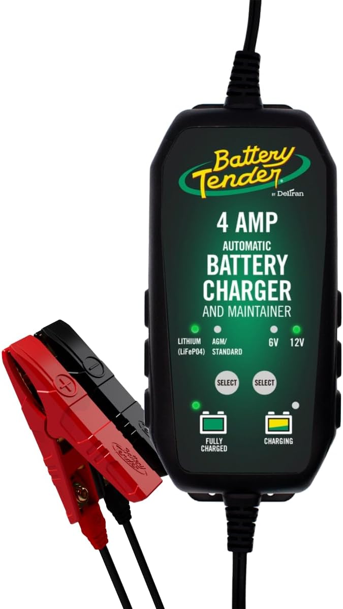 Battery Tender 4 AMP Battery Charger and Maintainer - Automotive Switchable 12V or 6V Smart Automatic for Cars SUVs and Trucks - Lead Acid, AGM, Gel, & Lithium Battery Charger - 022-0209-BT-WH