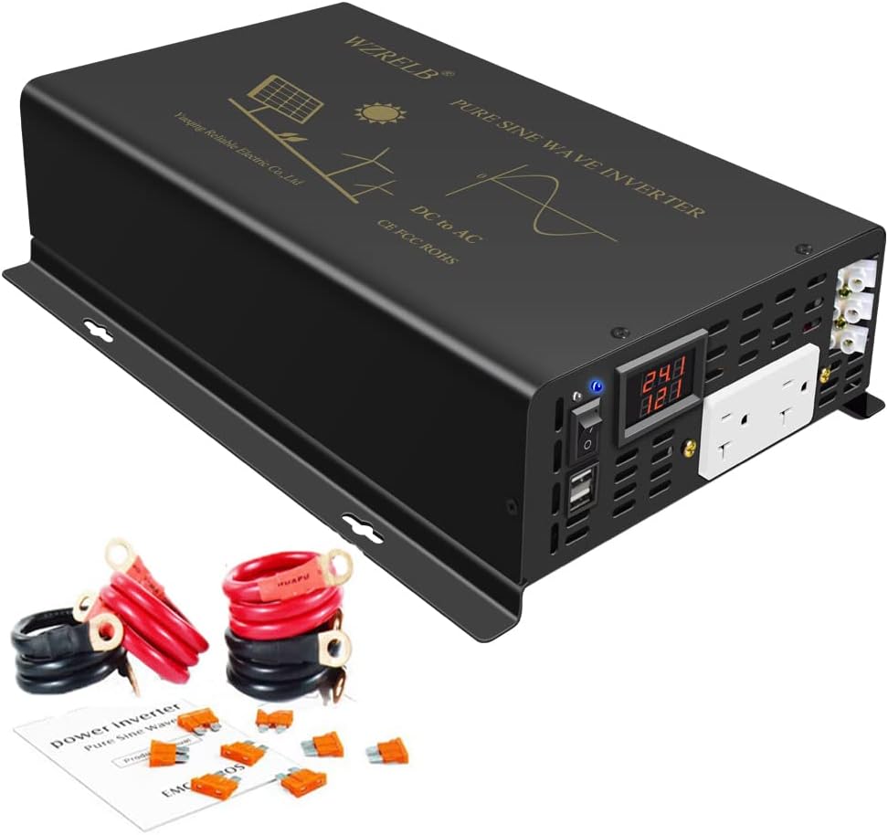WZRELB 2500W Pure Sine Wave Power Inverter 24VDC to 120VAC 60HZ Dual AC Outlets 2× 2.4A USB Port&Hardwire Terminal Off-Grid Solar Converter RV Trucks Home