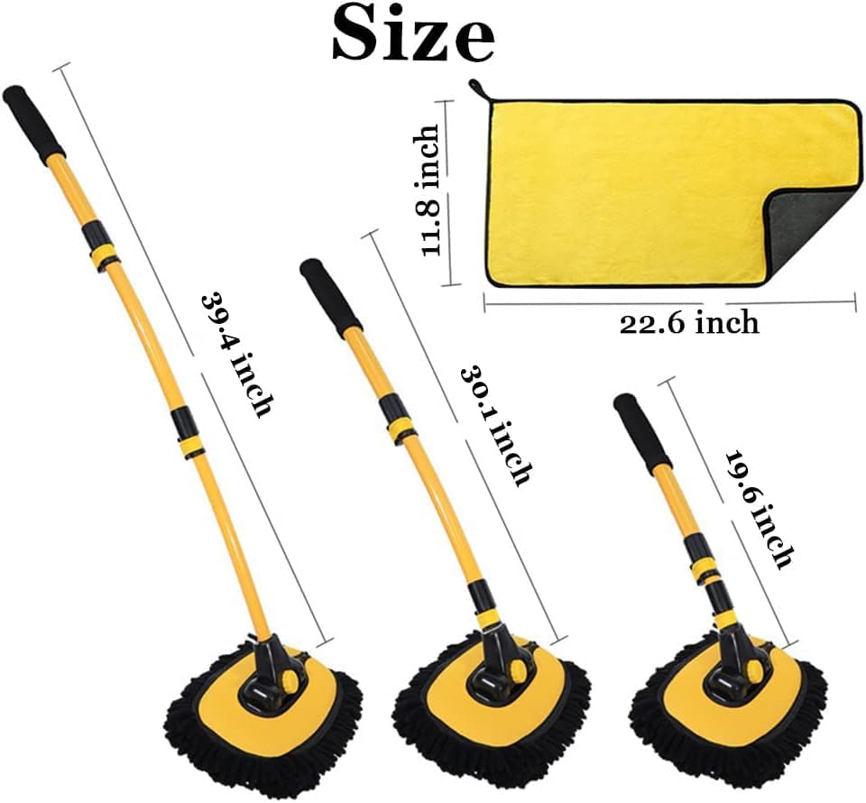 Car Wash Brush with Long Handle, Chenille Microfiber Mop Mitt with 1 Replacement Head, Wheel Brush Extension Pole Cleaning Kit & Towels for Cars & Trucks - 5PCS