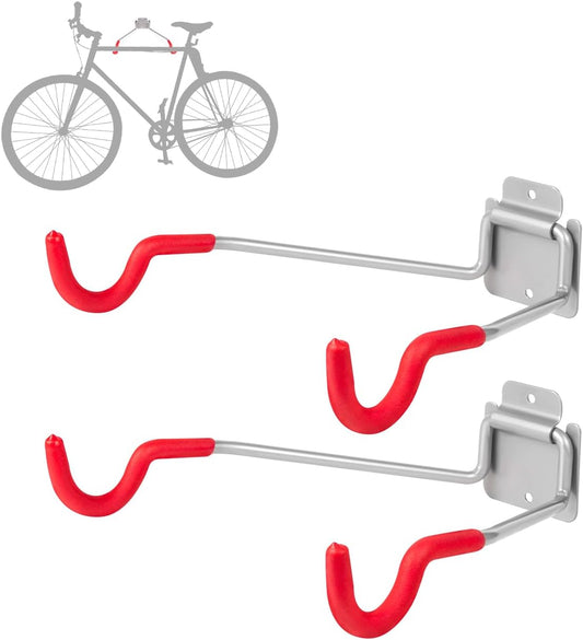 Bike Wall Mount Hangers，EVA Foam Padded Bicycle Hooks-Flip-Up Garage Bicycle Rack for Mountain, Road, and Kids Bikes Rack Holders 2 Pack Silver, Red