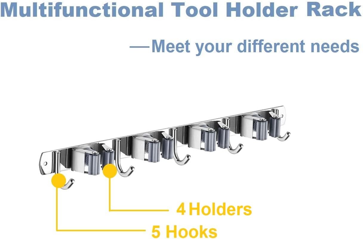 Mop Broom Holder Wall Mount Heavy Duty Adhesive Tools Organizer Rack Stainless Steel with 4 Positions 5 Hooks for Utility Room, Garage, Laundry, Garden, Kitchen, Bathroom, Toilet and Office