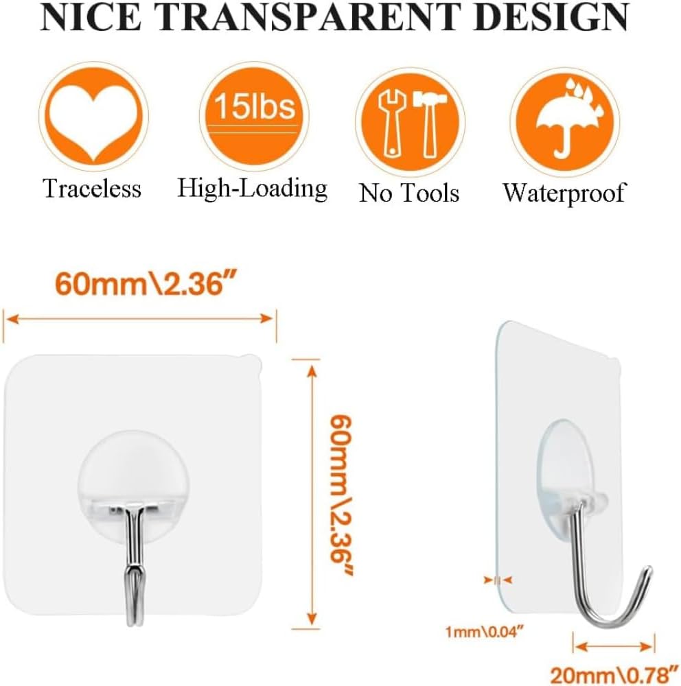 24 Pack Adhesive Hooks for Hanging - Heavy Duty, Wall Hooks for Hanging, Adhesive Wall Hook, No Damage, Waterproof, 33Ib Max, for Bathroom, Kitchen, Towel, Coat, Key