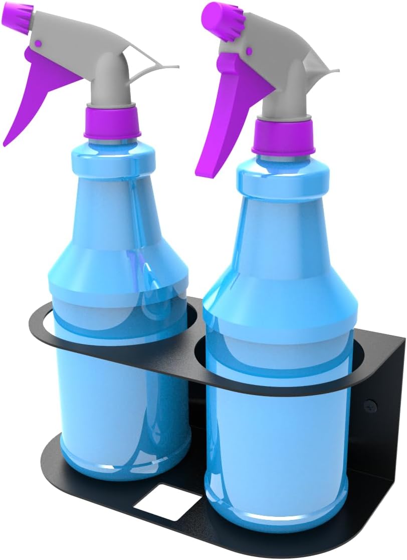 JINGCHENGMEI 2 Spray Bottles Holder, Steel Wall Mount Storage Organizer for All-Purpose at Garage and Home (SBH-2B1Pc)