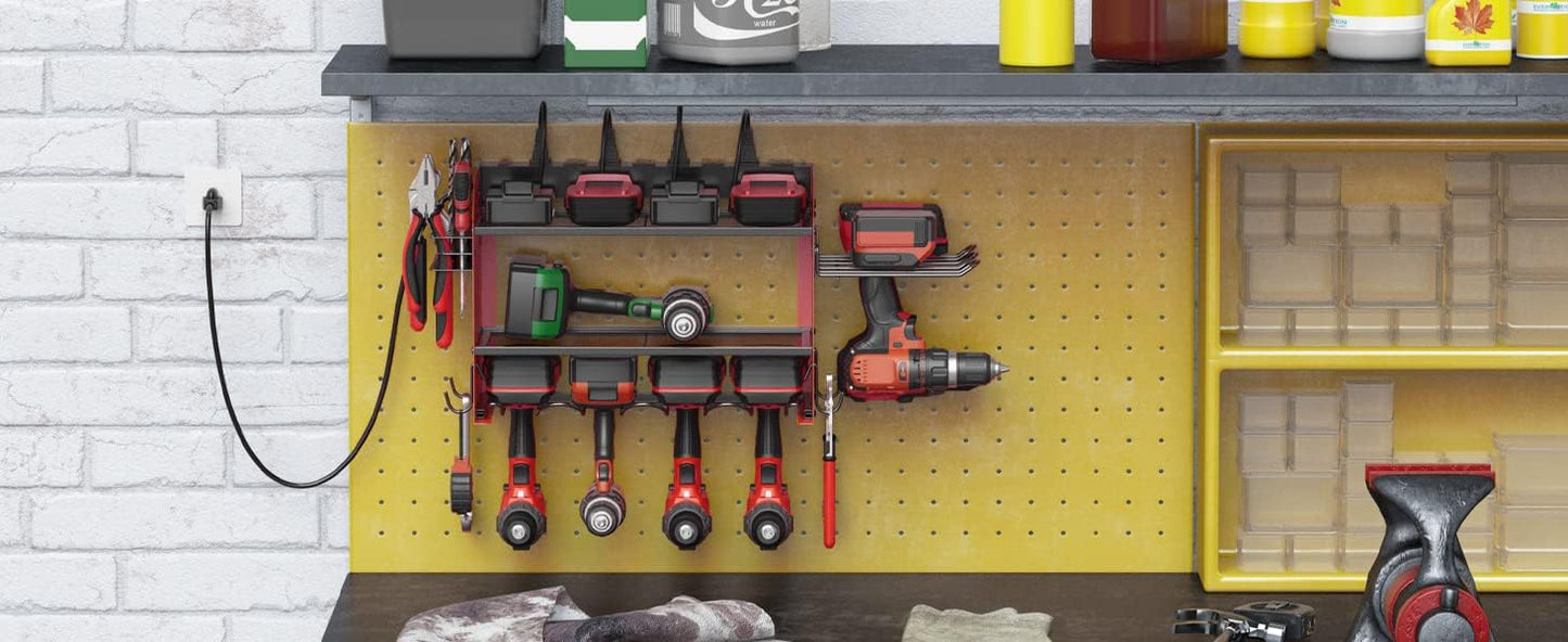 CCCEI Modular Power Tool Organizer Wall Mount Charging Station, Red 6 Drills Holder with 8 Plug Power Strip, Garage Drill Battery Heavy Duty Metal Shelf, Utility Rack with Hooks, Side Storage.
