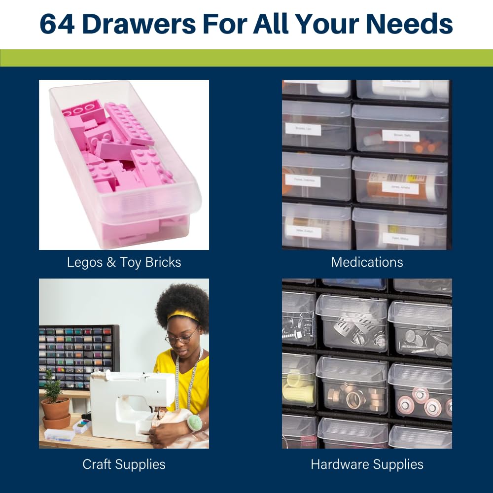 Akro-Mils 64-Drawer Plastic Drawer Storage Cabinet for Garage Organization, Bead Organizer, Building Bricks Storage, Teacher Toolbox, Makeup Organizer, 20-Inch W x 6-Inch D x 16-Inch H, 10164 Black
