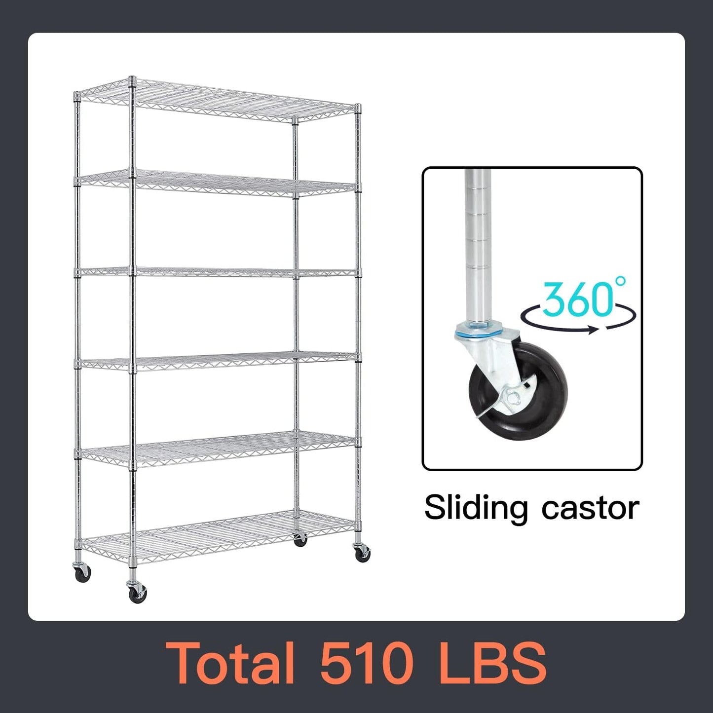 48" D×18" W×82" H Wire Shelving Unit Metal Shelf with 6 Tier Casters Adjustable Layer Rack Strong Steel for Commercial Restaurant Garage Pantry Kitchen Garage，Chrome