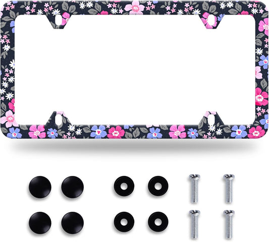 Watercolor Purple and Pink Hibiscus Flowers License Plate Frame License Plate Stainless Steel Parts Colorful License Plate Decorative with Screws Size 12.3" x 6.3" Men Women