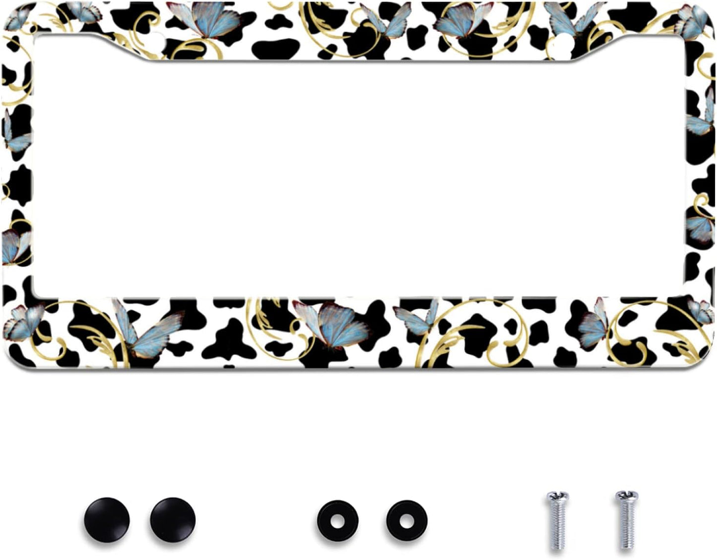 Personalise Cows and Butterfly License Plate Frames Cute Leopard License Plate Frame Car Universal Stainless Steel Accessories Cars Decor 2 Holes Screws Fits Standard US Vehicles Size 12.2 x 6 Inches