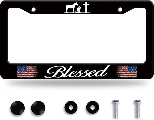 Blessed American Flag License Plate Frame Cross Pray for US License Plate Frames Stainless Steel Accessories Cars Decor with 2 Holes and Screws Fits Standard US CA Vehicles Size 12.2 x 6 Inches