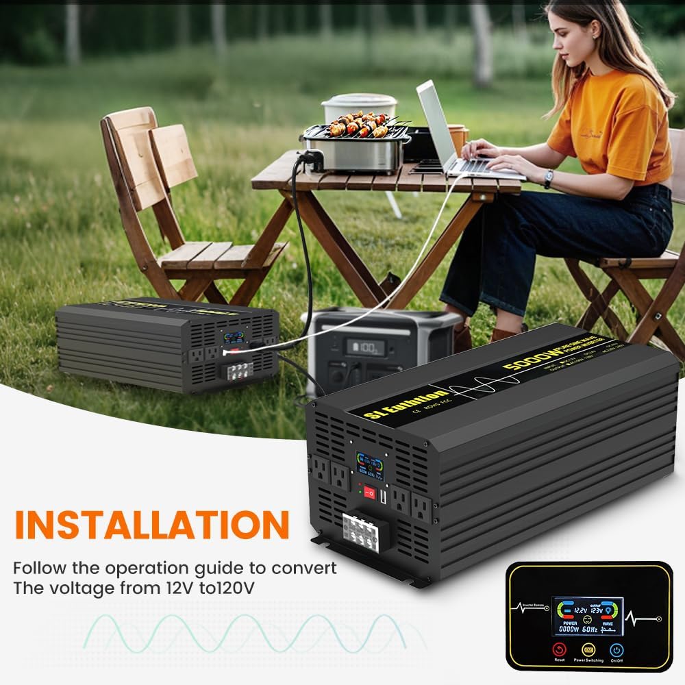 5000W/10000W(Peak) Pure Sine Wave Car Power Inverter 12V DC to 120V AC 60HZ with LCD Display, USB Port, Wireless Remote Control（10M) for Car Home Laptop Truck