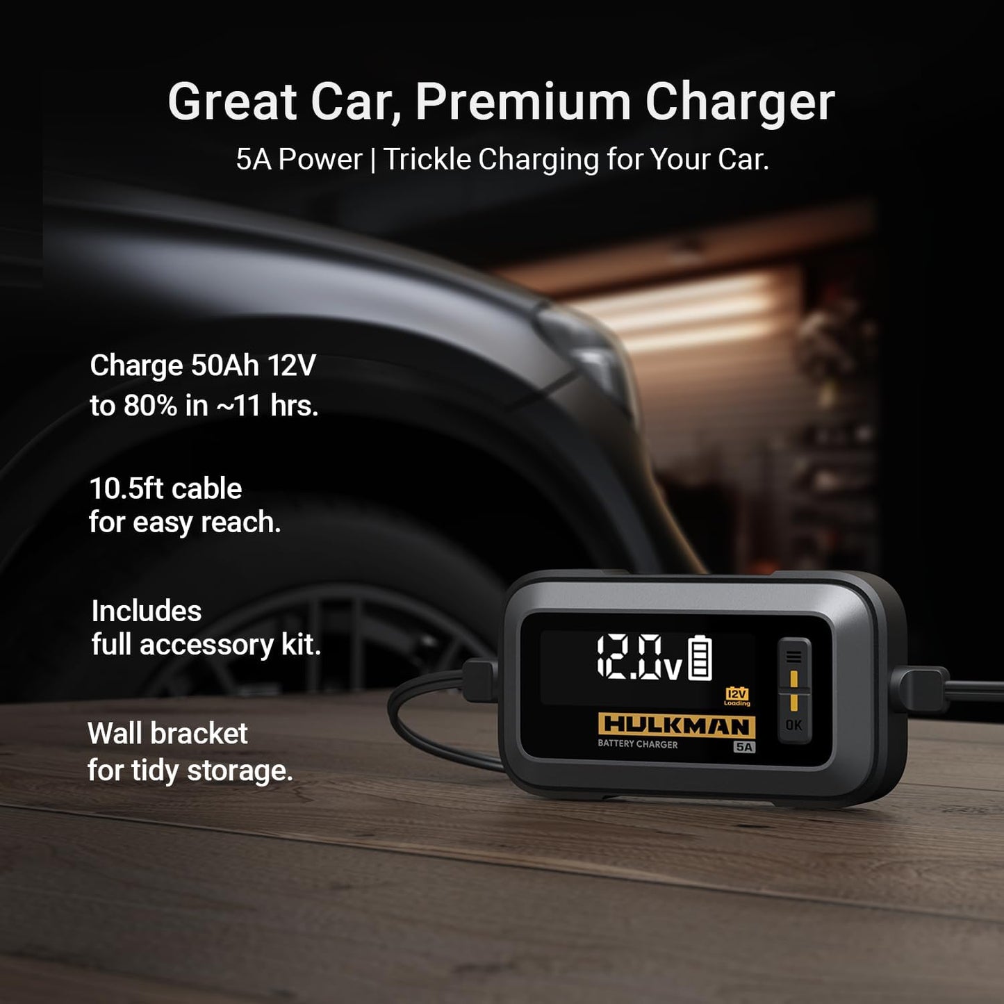 Hulkman Sigma 5, 5A Car Battery Trickle Charger, 12V and 6V Smart Charger, LiFePO4 and Lead-Acid Battery Automotive Maintainer with 3.2-in LED Display for Automobile, Motorcycle, ATV