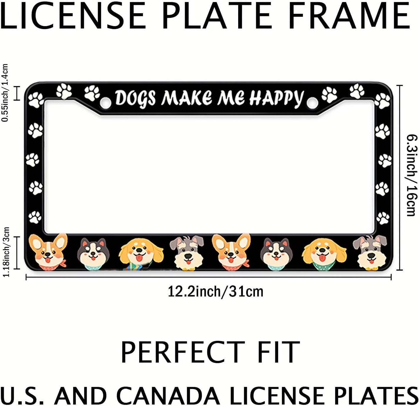 Dogs License Plate Frame, Lovely Puppies Dogs Paws Printed License Plate Holder Cover, Dogs Make Me Happy Metal Aluminum Rustproof Car Accessories for Women Men 2 Holes with Screw Caps