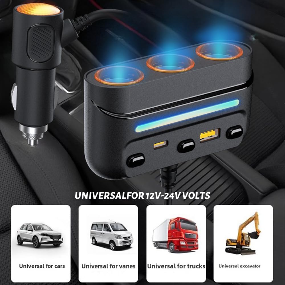 3 - in - 1 Cigarette Lighter Adapter with PD/QC Fast Charging, Independent Switches Car Charger, RGB LED Indicator Lights - Universal Cigarette Lighter USB Charger for Cars, SUVs