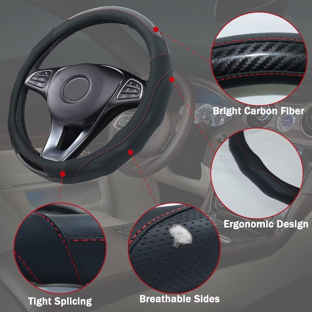 Car Steering Wheel Cover with Cup Coasters, Universal 15 inch Leather Carbon Fiber Steering Wheel Covers Comfort Grip Breathable Anti-Slip Steering Wheel Accessories for SUV Truck Van Auto - Beige