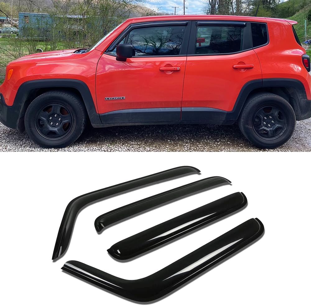 94368 Side Window Visors Wind Vent Deflector,4pcs Outside Mount Tape-On Nice Sun Rain Guards Set fit for 2015-2022 Jeep Renegade,Dark Smoke Window Shade