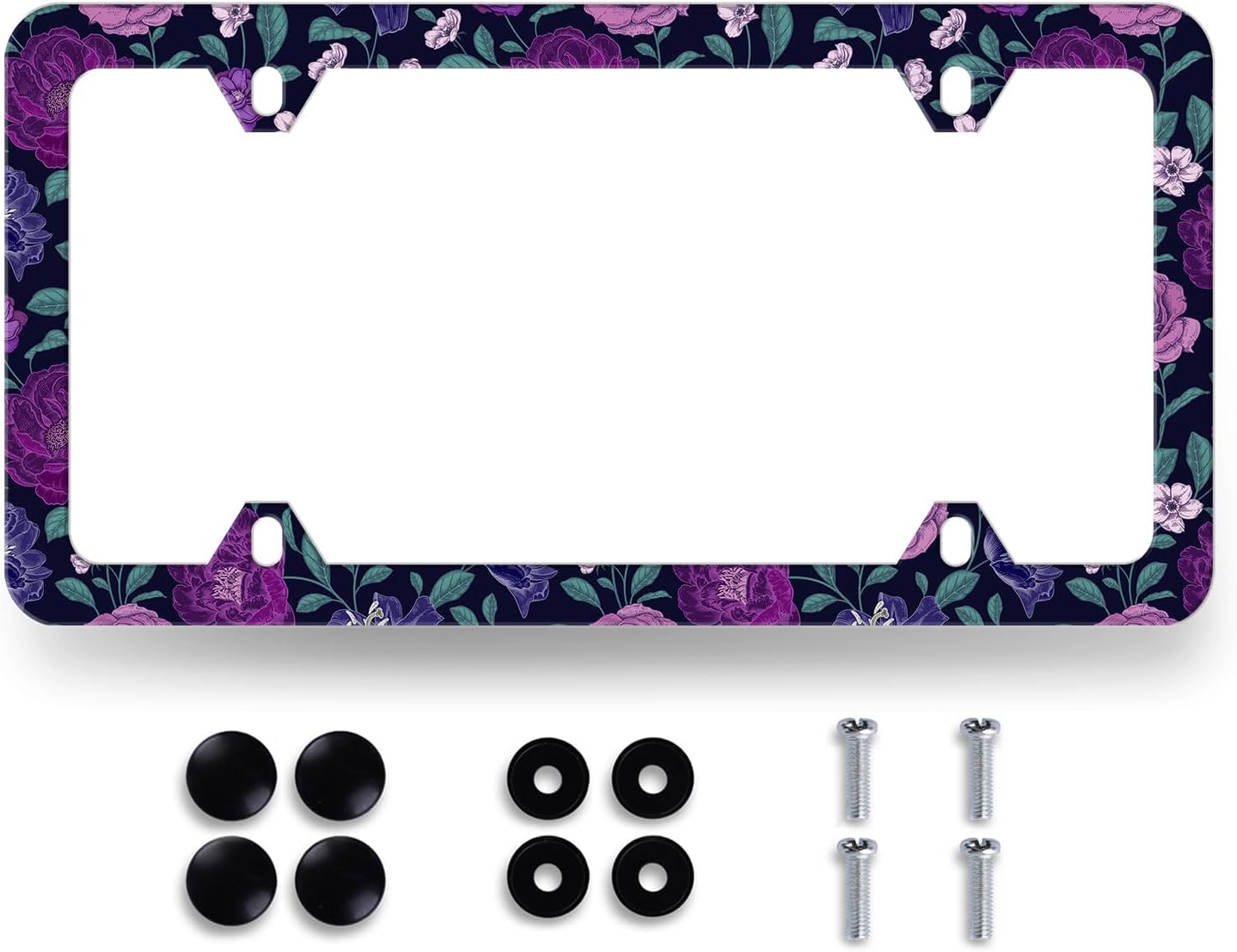 Purple Floral Flowers License Plate Frame Roses Peonies Colorful License Plate Stainless Steel Flowers Car Accessory Funny License Plate Decoration Women Size 12.2" x 6.2" with Screws