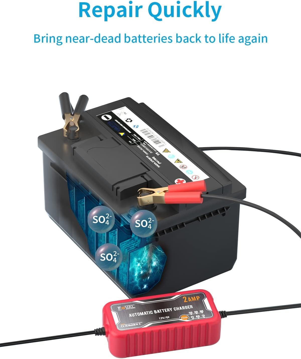 [2-Pack] FOVAL 2-Amp Car Battery Charger, 6V and 12V Portable Automatic Smart Charger, Battery Maintainer, Trickle Charger and Battery Desulfator for Car Lawn Mower Motorcycle Boat Lead Acid Batteries