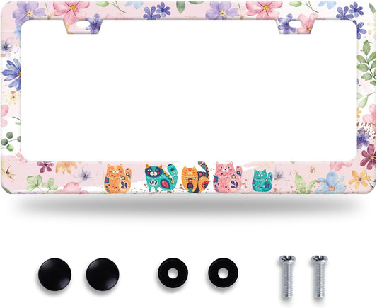 Cat and Flowers License Plate Frame Beautiful Floral Animals License Plate Stainless Steel Funny License Plate Holder for Men Women Colorful Cats Car Accessories Decoration 12.3" x 6.3"