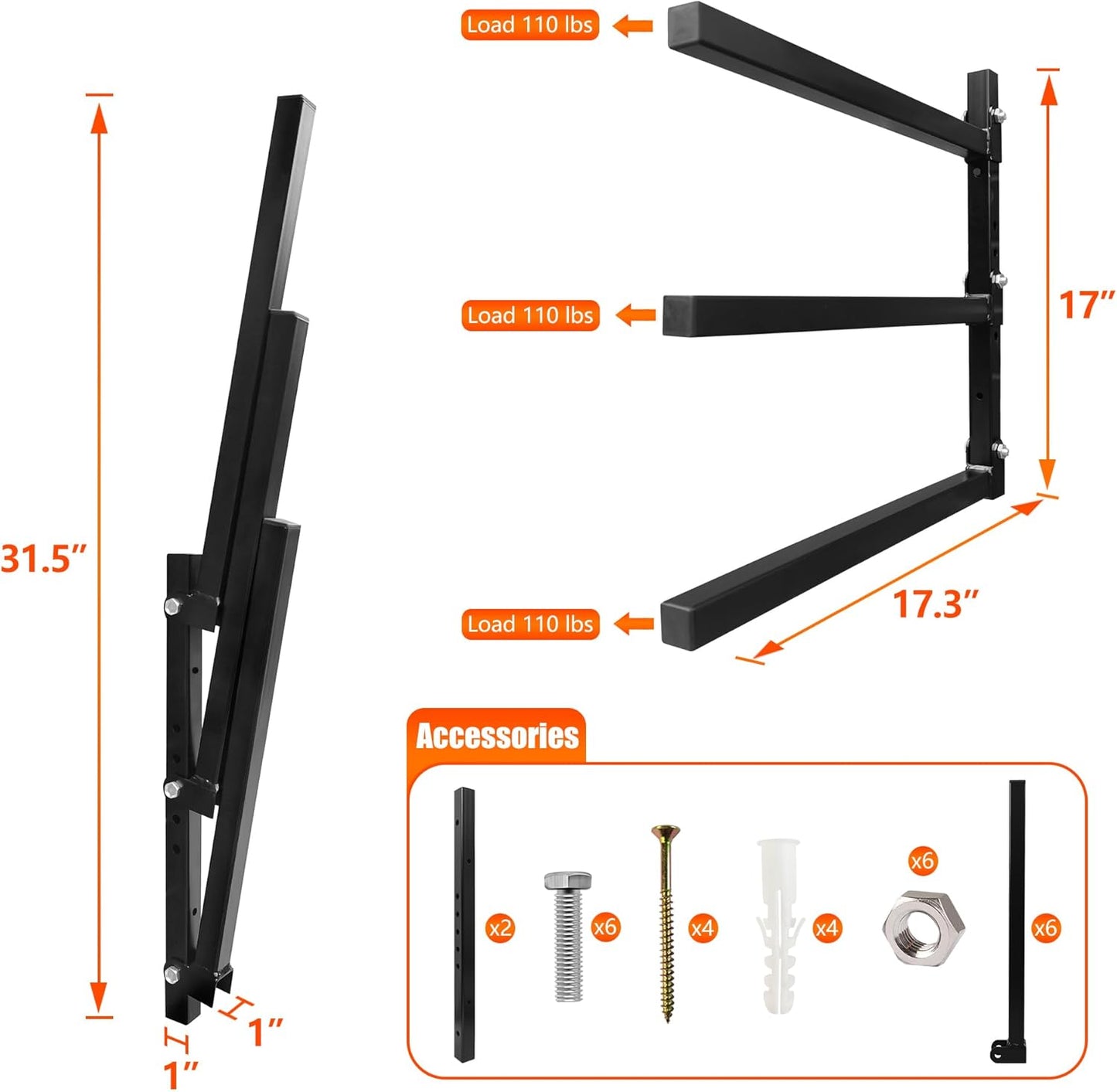 3-Tiered Collapsible Wall Mount Lumber Storage Metal Rack, 3-Level Foldable Heavy Duty Indoor Garage Wood organizer, Outdoor Adjustable Steel Multipurpose Workshop Shelf, Holds up to 330Lbs