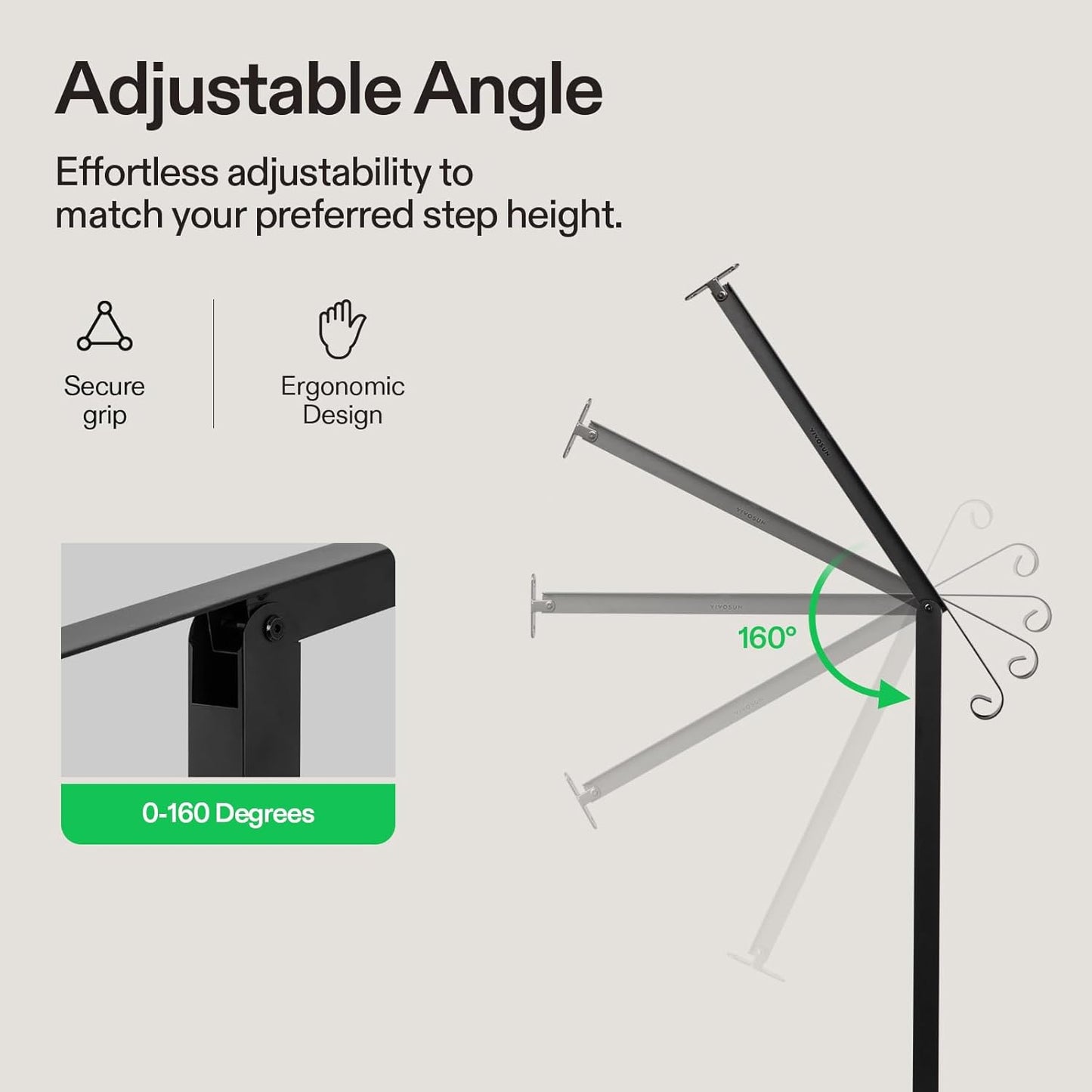 VIVOSUN Outdoor Handrail, 4 Step Stair Handrail, 47.5" x 39" Fits 1 to 4 Steps, Wrought Mattle Iron Stair Railing with Single Curved End for Concrete Steps, Porch Steps, One-Step Assembly, Black