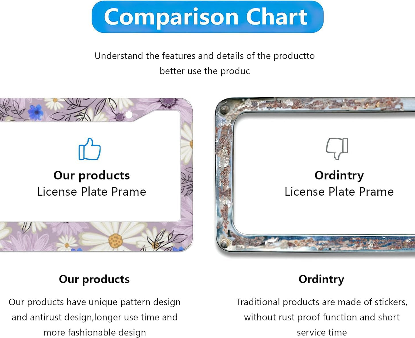 Flowers Daisy License Plate Frames - 2 Pcs Set 2 Holes Metal Aluminum Auto Car Accessories Decoration License Plate Frame 12.2 x 6.3 inch for Women Men Gift