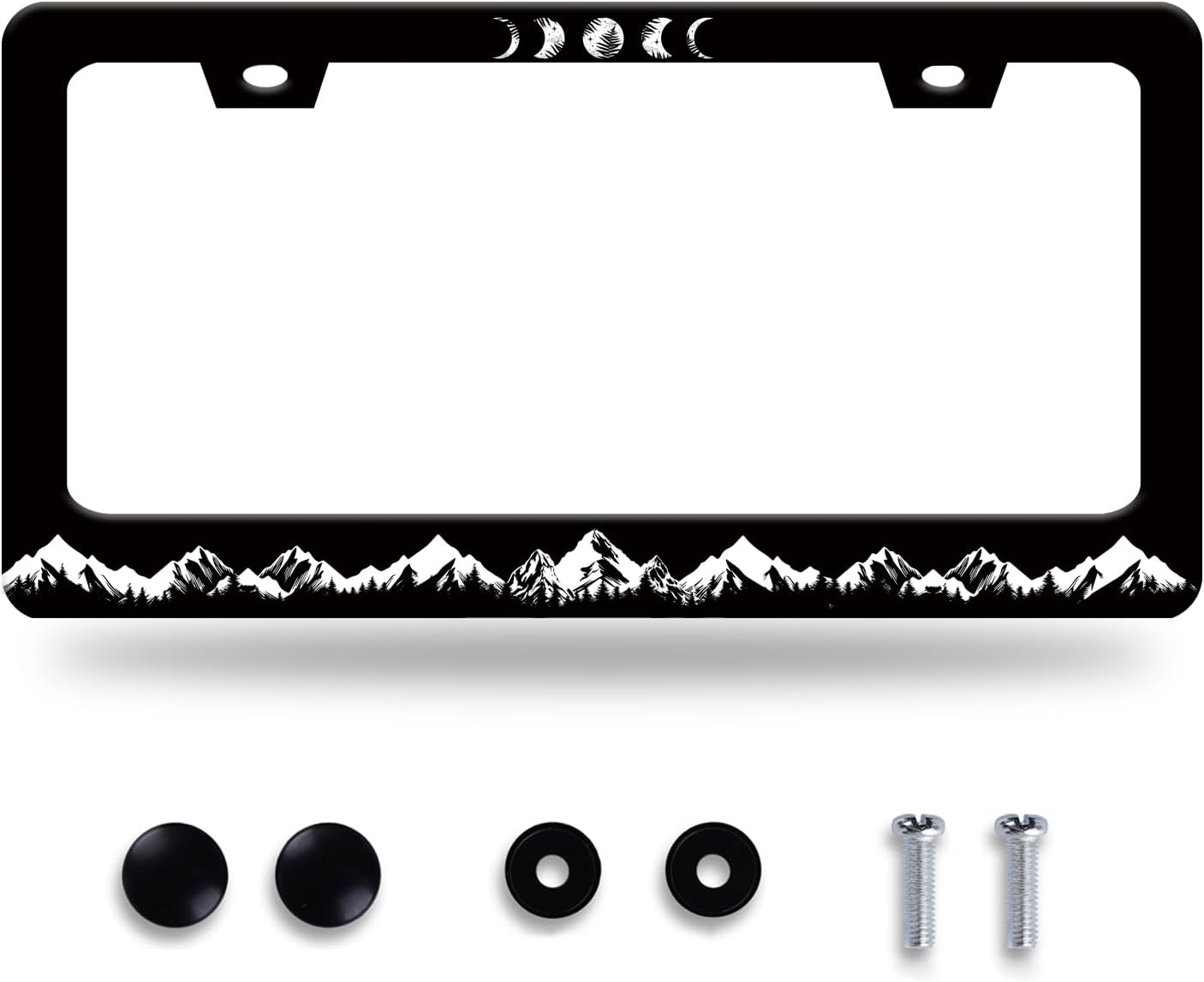 Moon Phase License Plate Frame Mountains Forest License Plate Stainless Steel Funny License Plate Holder for Men Women Universal Black Car Accessories Decoration 12.3" x 6.3"