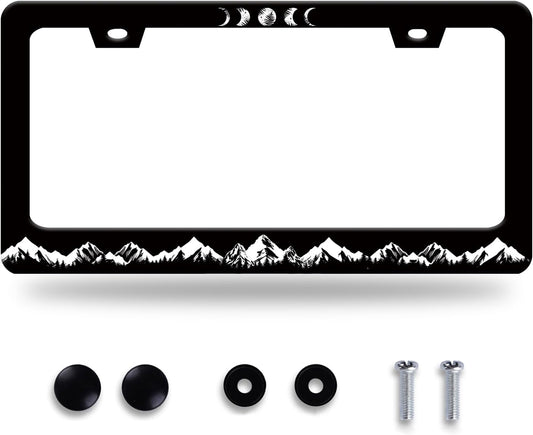 Moon Phase License Plate Frame Mountains Forest License Plate Stainless Steel Funny License Plate Holder for Men Women Universal Black Car Accessories Decoration 12.3" x 6.3"