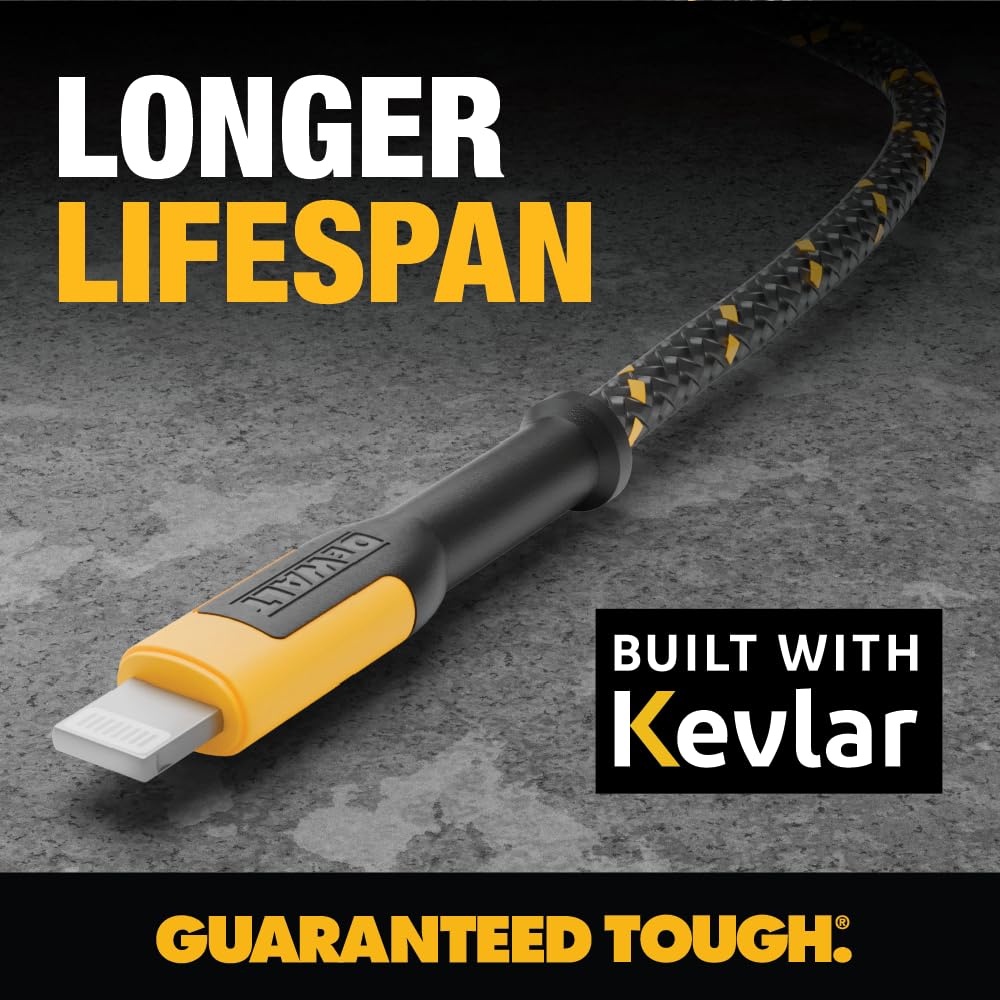 DEWALT Heavy Duty USB A to Lightning Cable [Apple MFi Certified] Durable iPhone Charger, Lightning Cables, Fast Charging iPhone Charger Cord Compatible w/iPhones 14/13/12/11 Pro Max iPad AirPods, 6FT