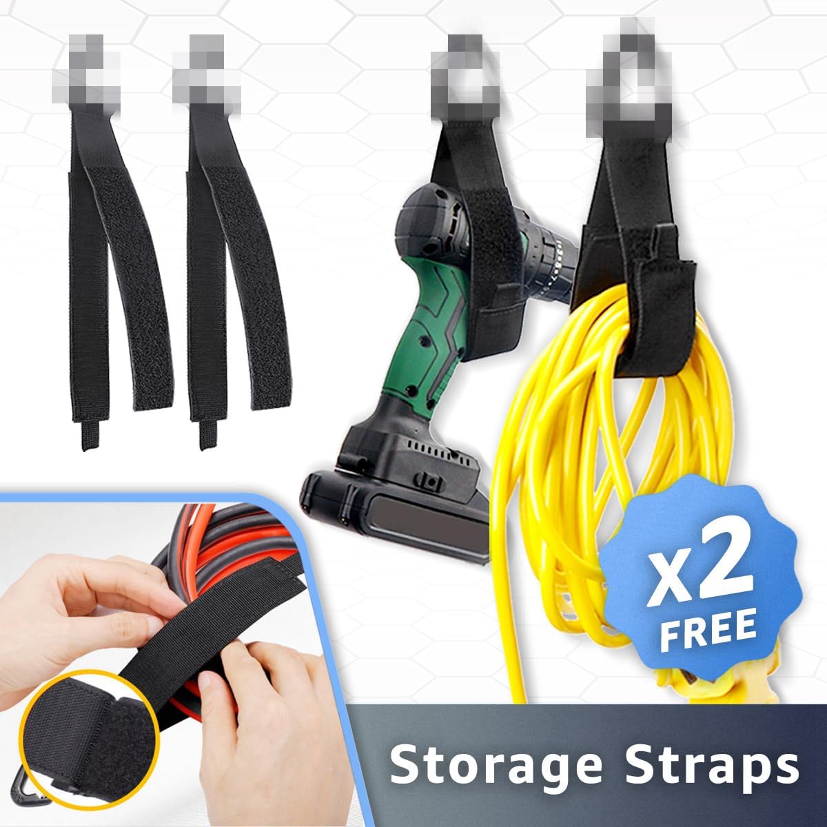 Garage Hooks, Large 2-Pack Shed Storage Hanger 11.8" Long Heavy Duty Wall Mount Double Holder with 2 Extension Cord Storage Straps, Organize Yard Utility Garden Tool Hanging Ladder Black
