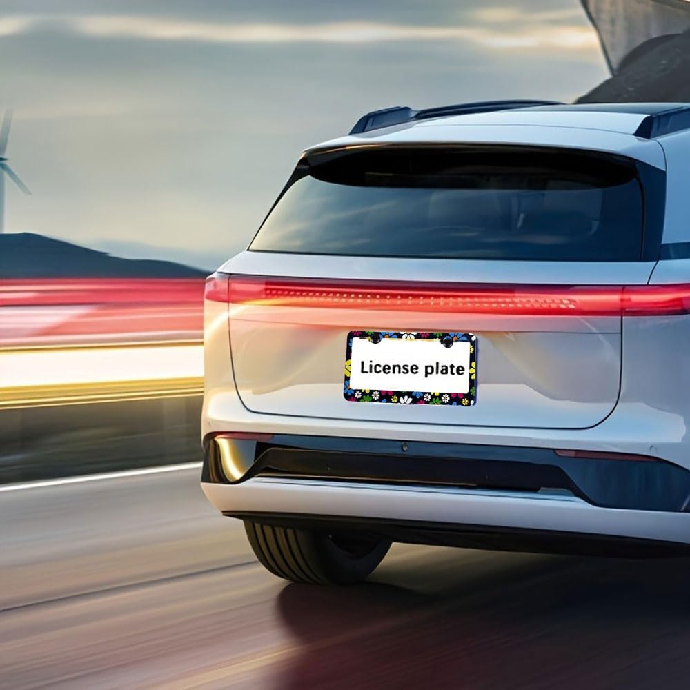 Hippie Flower License Plate Frame-2 Pack Colorful Daisy Blossom License Plate Cover Frame Aluminium Hippie Car Plate Frames Holder Cover Fit US Vehicles