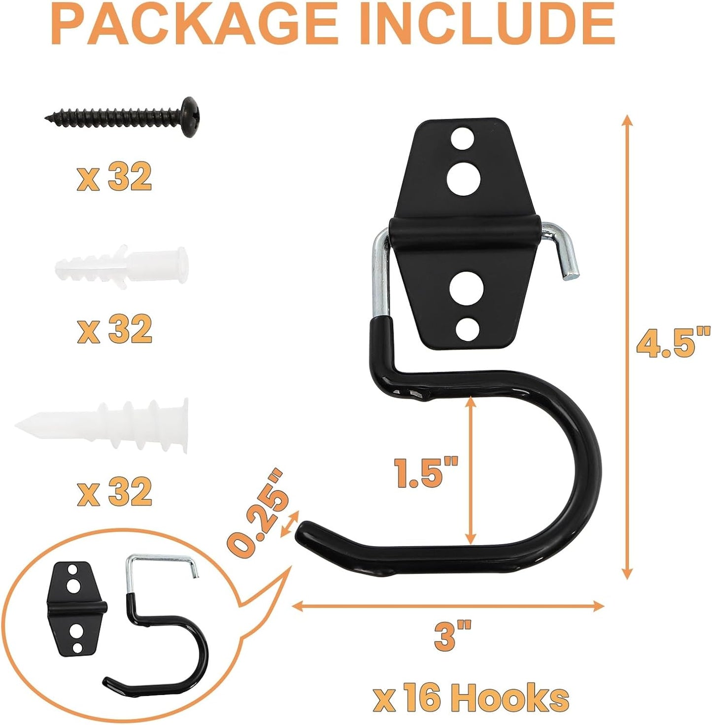 16 Pack Metal Broom Hooks, Heavy Duty Garage Holder Wall Mount, S Type Anti-Slip Mop Rack, Cleaning Tools Holder Storage Organizer Hanger for Shovel Rakes Shed Garden Lawn Yard