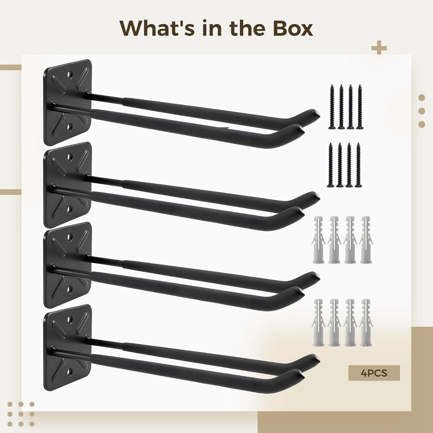 Heavy Duty Garage Hooks and Tool Organizer, 12.4 Inch Wall Mount Hangers, Garage Hooks for Car Tires, Ladders, Chairs, Strollers, Power Tools, Garden Tools - 4 Pack