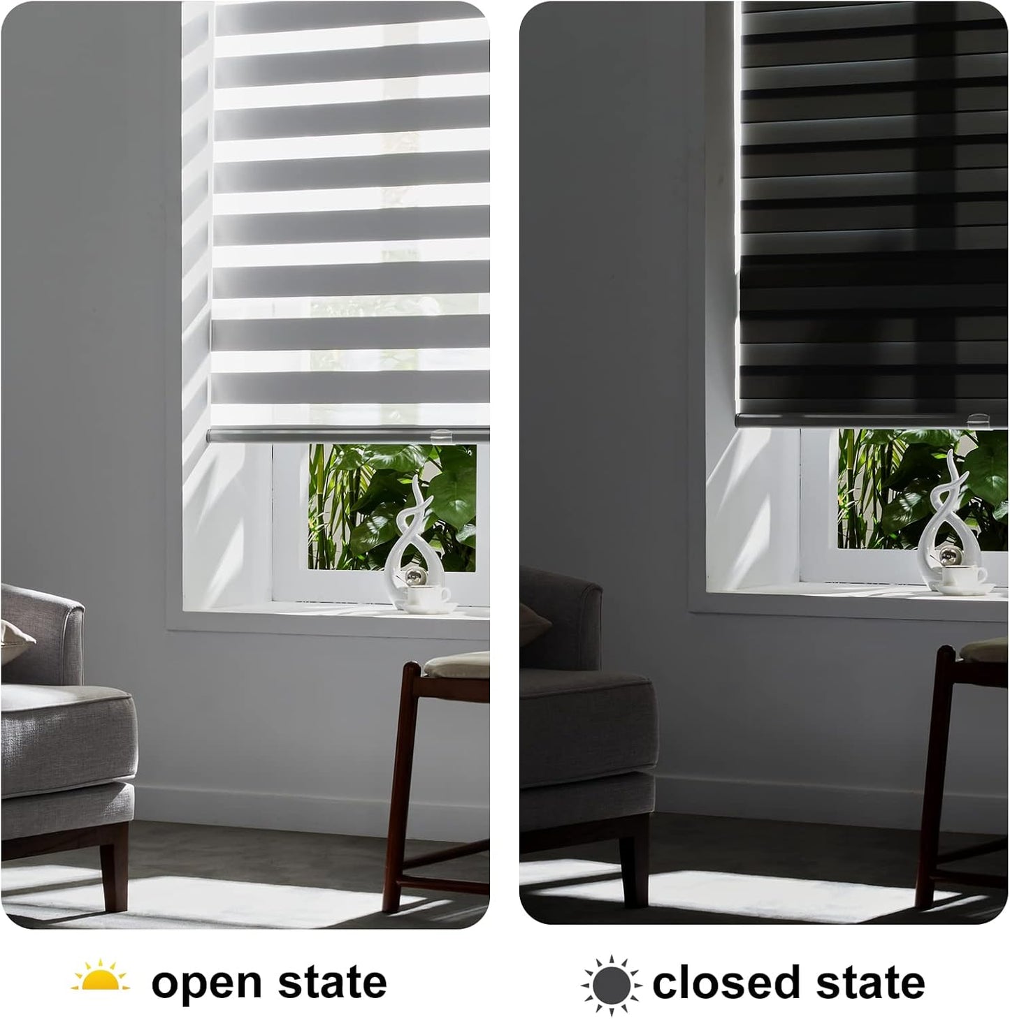 Persilux Cordless Zebra Blinds for Windows Free-Stop Roller Window Shades (58" W X 64" H, Grey) Dual Layer Light Control for Day and Night, Light Filtering Sheer Shades for Home, Easy to Install