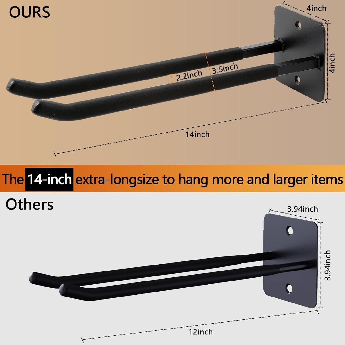 Sinoer Upgraded Heavy Duty Garage Hooks, Utility Steel Garage Hooks, 14 Inch Square Tube Double Garage Wall Mounting Hooks for Chairs, Ladders, Ropes and Strollers, 4 Pieces