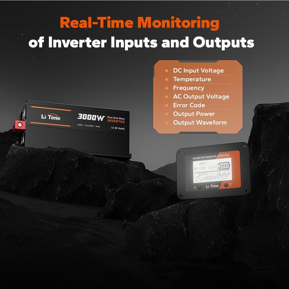 LiTime 3000W Pure Sine Wave Inverter 12V DC to 120V AC Converter with Remote Control, Surge 6000W, Built-in 4 AC Outlets, USB Port, Type-C Port for Home, RV, Camping, Off-Grid, Solar Power