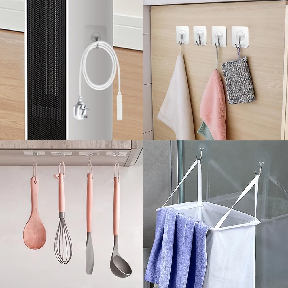 24 Pack Adhesive Hooks for Hanging - Heavy Duty, Wall Hooks for Hanging, Adhesive Wall Hook, No Damage, Waterproof, 33Ib Max, for Bathroom, Kitchen, Towel, Coat, Key