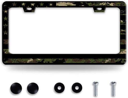 American Flag License Plate Frame Camo License Plate Frames Funny Auto Accessories Bracket Stainless Steel License Plate with Screws 6.3 x12.3 Inch
