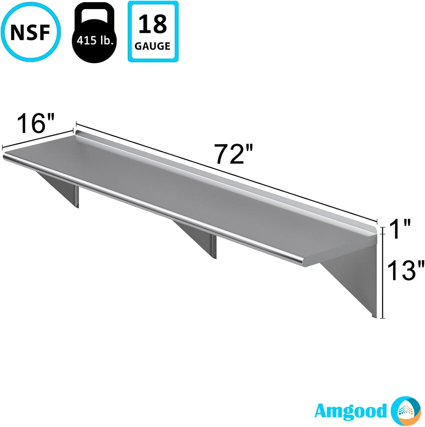 AmGood 72" Long X 16" Deep Stainless Steel Wall Shelf | NSF Certified | Appliance & Equipment Metal Shelving | Kitchen, Restaurant, Garage, Laundry, Utility Room