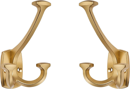 Large Wall Double-Sided Hook 5 Pack Gold Hook Decorative Heavy Duty Solid Large Coat Hooks for Towel Hanging Coats Robe Towel Bags Door Back 2 Prong Hooks