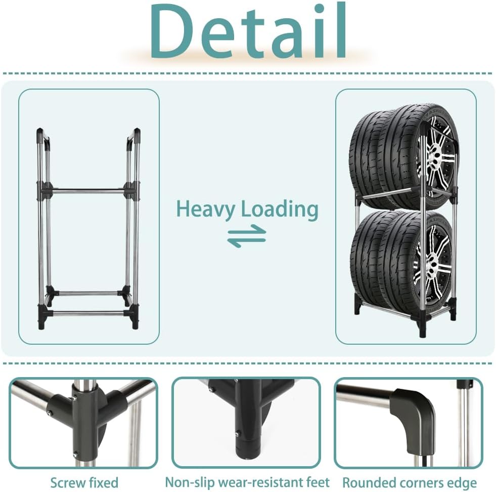 Hershii Tire Storage Rack Standing Garage Storage Shelf Organizer for Indoor Outdoor Use - Black + Silver, 22.51'' X 14.16'' X 45.11''
