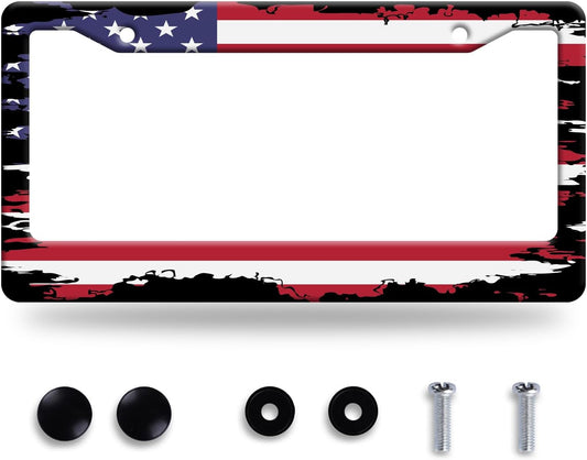 Vintage American Flag License Plate Frame USA Flag License Plate Stainless Steel Funny License Plate Holder Patriotic Car Accessories With Screws Car Decoration 12.3" x 6.3"Fits Standard Vehicles Size