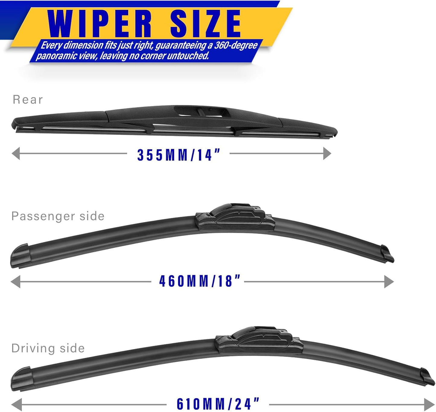 3 Wiper Blades Replacement for Subaru Legacy (2005-2009) & Forester (2009-2011) & Outback (2005-2009) - 24"/18"/14" (Set of 3) U/J Hook Windshield Wiper Blades