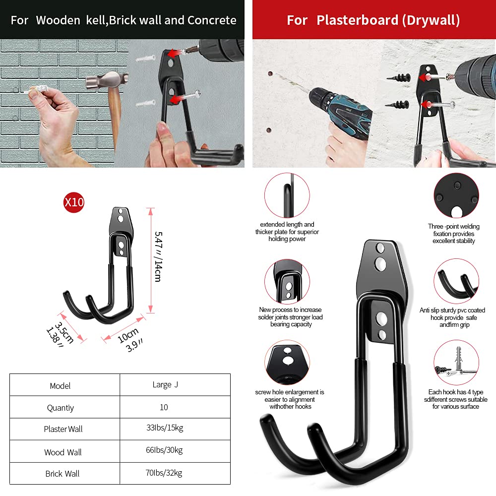 3-H Heavy Duty Garage Hooks [10 Pack] - 3-Round Welding Tech Holds 22lbs More - Thickened Steel Wall Mount for Ladders, Tools & Storage - Rustproof Utility Hardware