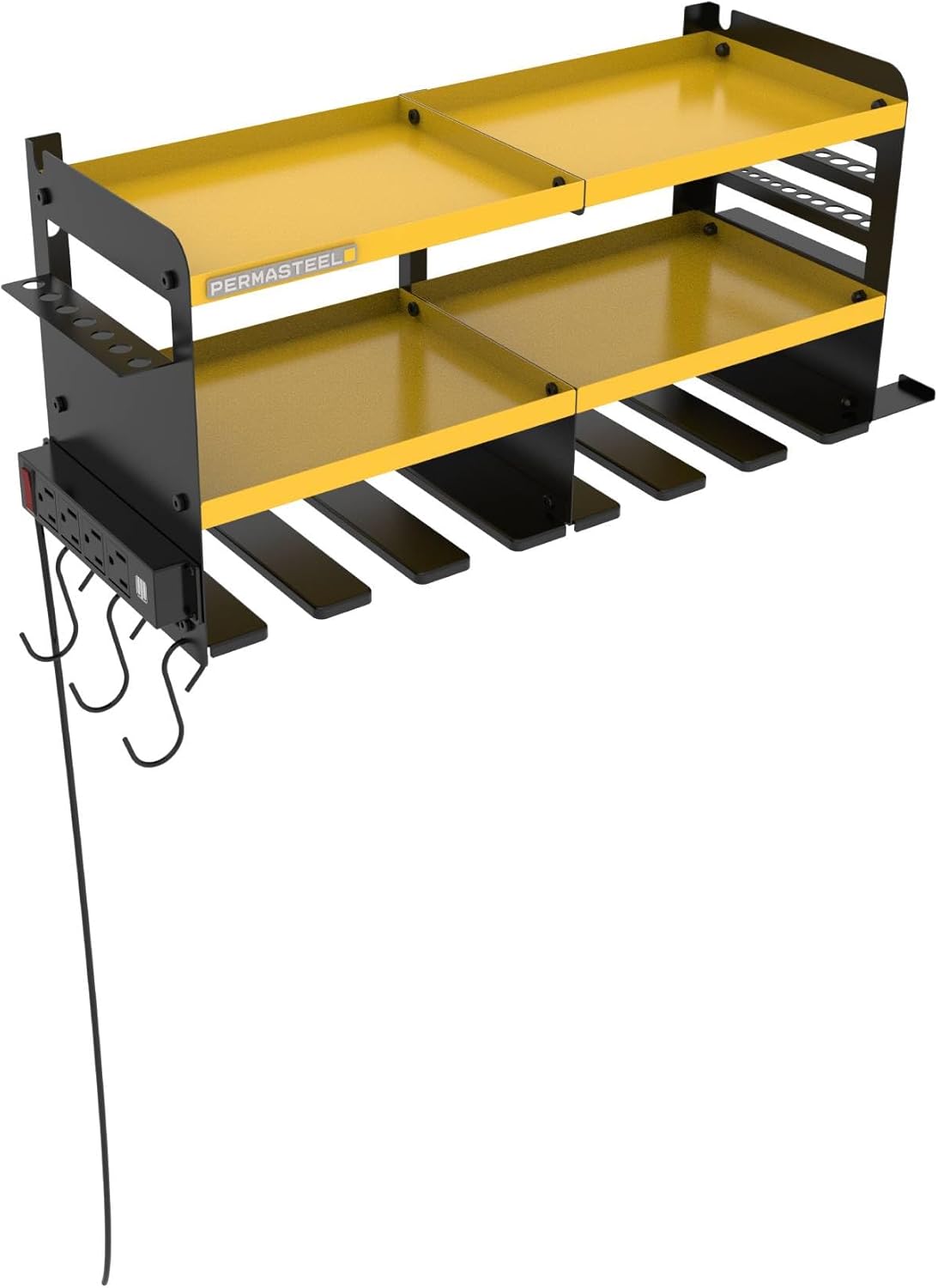 Permasteel Power Tool Organizer Wall Mount - 150 Lbs Load 3-Layer Heavy Duty Metal Storage Rack with Charging Station, Holds 6 Drills, 9 Hand Tools and 16 drill bits for Garage and Workshop, Yellow