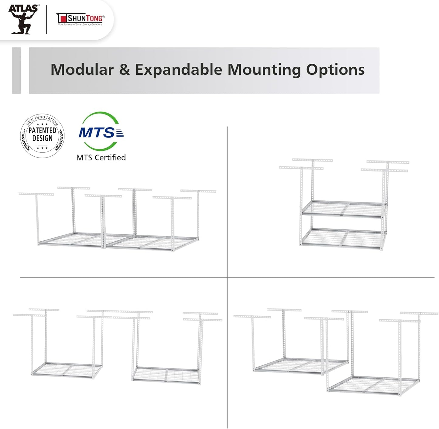 The Atlas 4 x 8 ft Adjustable Height Overhead Garage Storage Rack 900 lbs Heavy Duty Capacity White