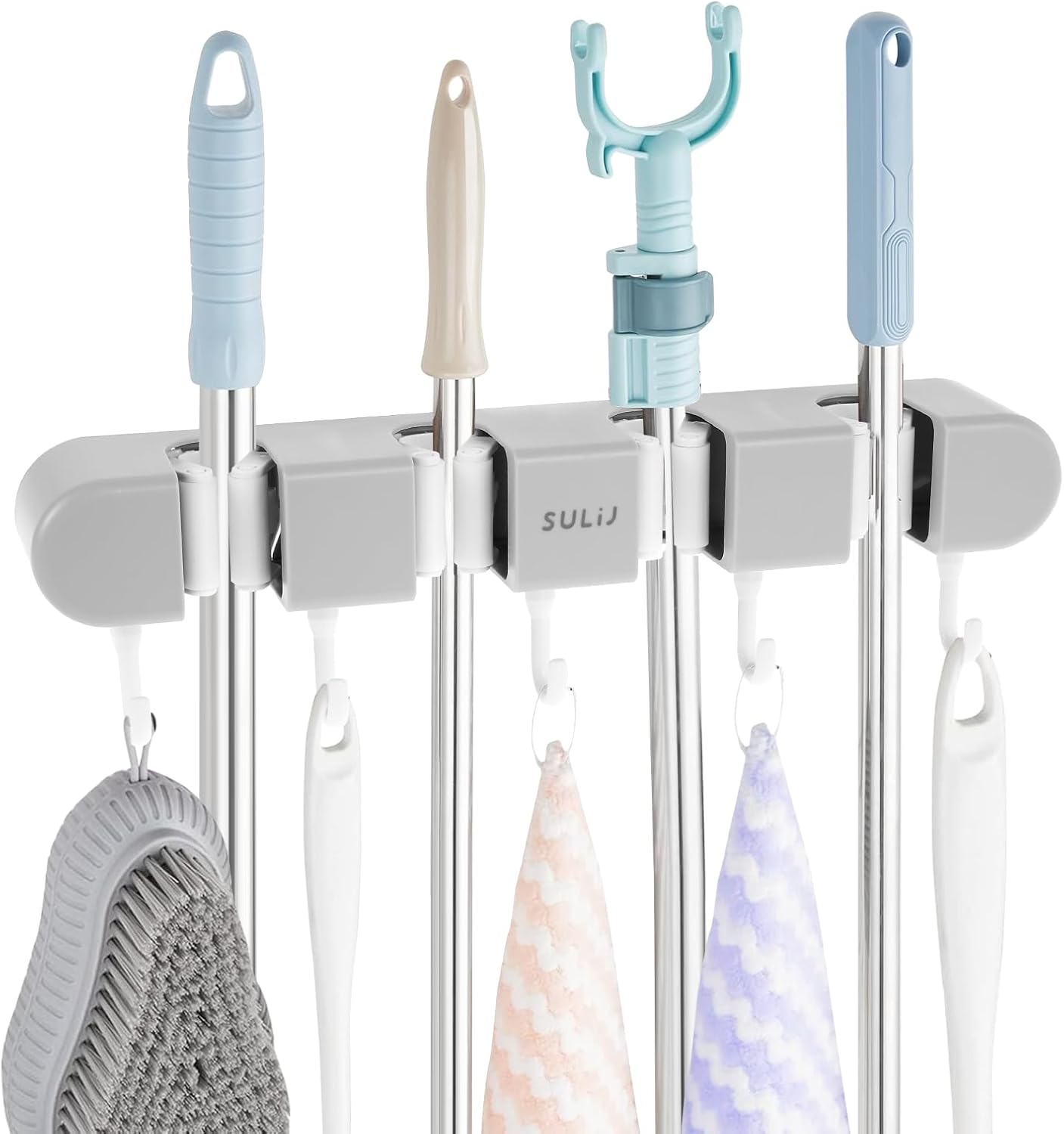 2Pcs Broom Mop Holder with Hooks Wall Mounted Broom Storage Rack No Drilling Self-Adhesive Mop Broom Organizer Mop Holder Hanger for Bathroom Office Kitchen Closet Garage,Grey (2)